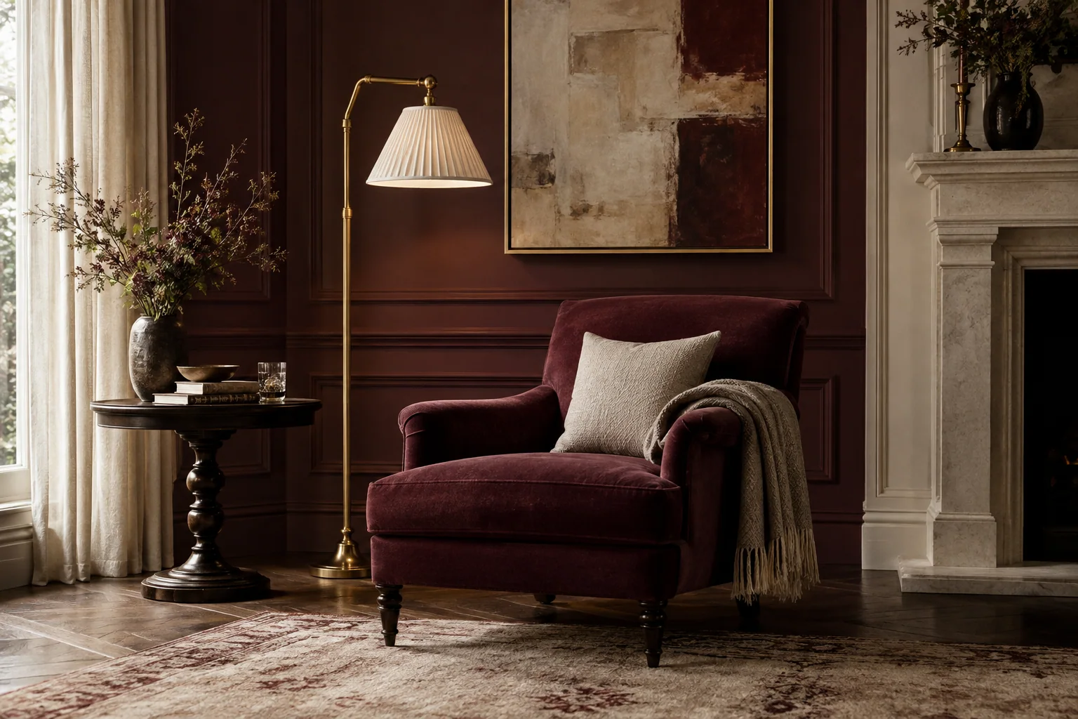 Illustrative burgundy sitting-room corner with brass lamp